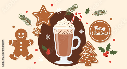 Festive holiday treats and hot chocolate create a cozy Christmas mood, perfect for seasonal promotions and heartwarming winter designs