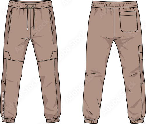 Brown jogger pants, elastic waist, drawstring, casual wear, side pockets, back pocket, knee detail, modern fit, comfort, fashion