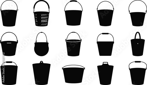 Bucket silhouette set, black container icons, industrial tools, household items, vector collection, handle designs, utility shapes, storage illustration, minimal style