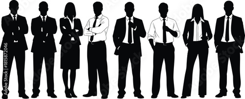 Business silhouettes, corporate professionals, team diversity, formal attire, leadership concept, office people, standing pose, black and white, teamwork, success
