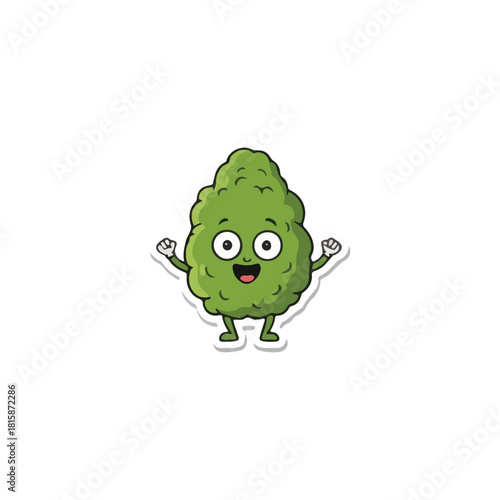 Cartoon illustration of a happy, anthropomorphic cannabis bud with arms and legs, smiling against a white background.