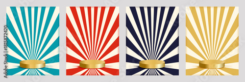 Striped poster set with golden podium,blue red yellow rays,empty space for headline. Vintage design for poster template, magic show, theatre, attractions, carnival events. Vertical vector illustration
