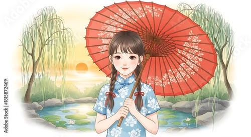 Young girl in traditional Chinese dress holding a red umbrella in a serene garden setting.
