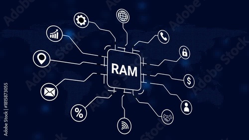 Random Access Memory Technology Network Diagram with Connected Icons on Digital World Map Background