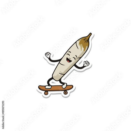 Cartoon joint character with a happy face riding a skateboard, arms raised in excitement, against a white background.
