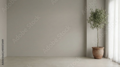 olive tree in a terracotta pot stands next to a sheer curtain.