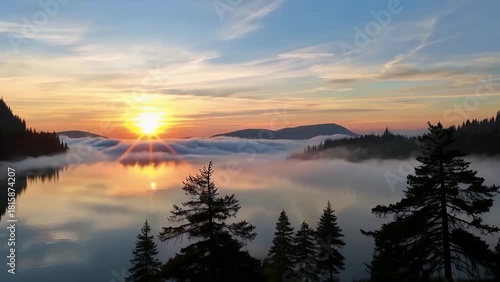 Dawn Over Serene Foggy Lake Valley