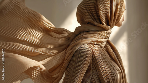 Modern modest fashion portrait with elegant earth-tone hijab and soft natural light. Elegant hijab look with pleated fabric in earth tones. Clean background, soft window light, modern fashion.