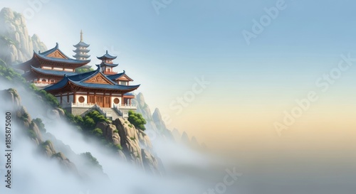 Wallpaper Mural Majestic Asian Temple perched atop misty mountainside, beautiful landscape Torontodigital.ca