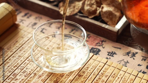 Traditional Chinese Tea Ceremony Glass Cup with Chenpi and Ancient Calligraphy Scrolls
