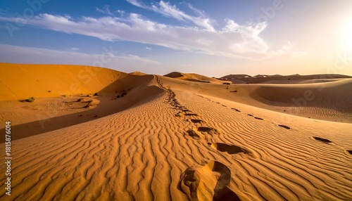 Fototapeta Naklejka Na Ścianę i Meble -  Vast arid landscape under a vibrant blue sky, with sand dunes and a path of footprints leading into the distance as sun shines