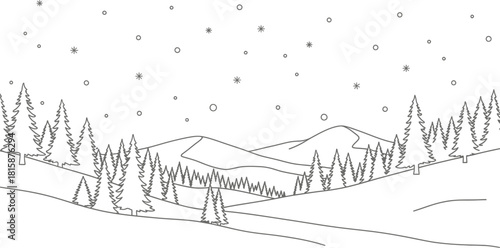 Winter landscape with snow falling on mountains and trees in black and white