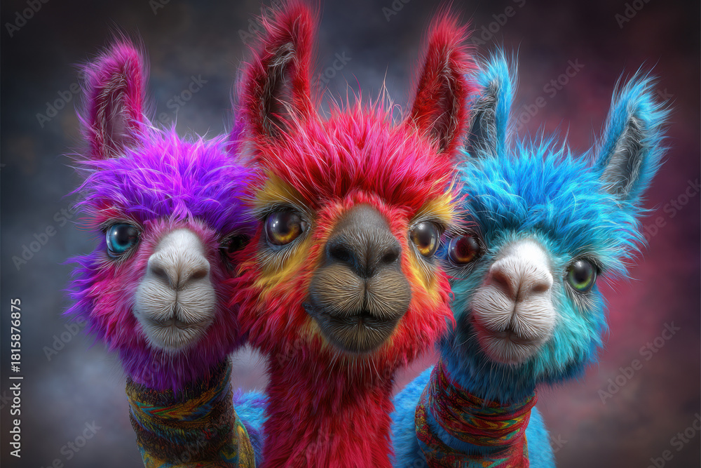 Fototapeta premium Drei farbenfrohe Alpakas mit flauschigem Fell – fantasievolle Tierillustration