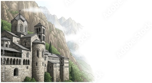 Majestic monastery perched amidst mountain vista offering spiritual retreat