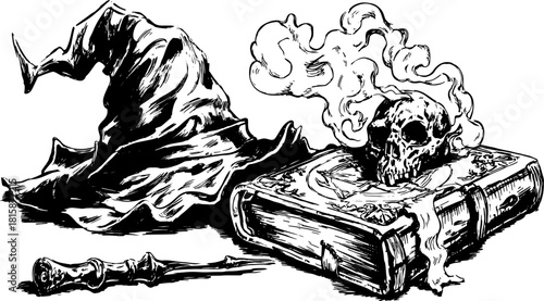 Engraving of a skull, book, and magical hat. Vintage illustration with smoke in a mystical vector set.