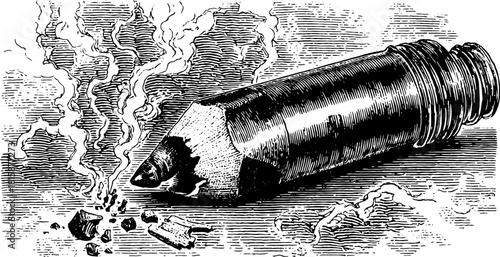 A broken pencil illustration in black and white. This classic vector art piece captures drawing tools with detailed texture in a vintage style.