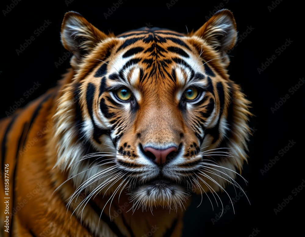 Fototapeta premium Focused Tiger Face with Intense Gaze Against Dark Background