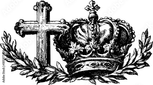 Christian cross and crown graphic. Vintage, black and white vector illustration, decorated with a wreath, showcasing craftsmanship in a classic design.