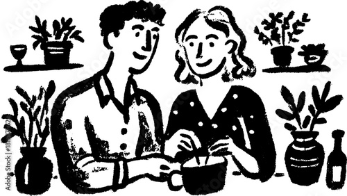 Couple cooking together in a simple, black and white vector illustration. Modern art depicting a cozy kitchen setup with plants and culinary activities.