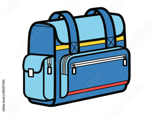 A vibrant blue duffel bag featuring yellow and red stripes and practical zippered pockets