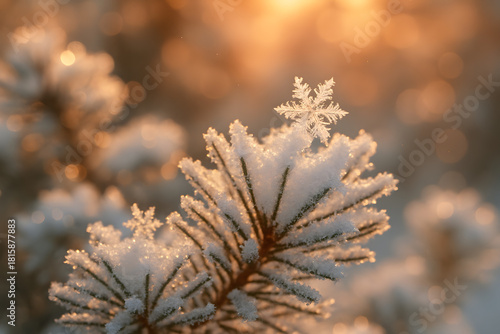Winter snowflake on pine tree branch close up macro snow nature beauty