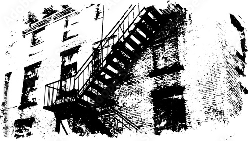 Street building with a fire escape in vintage engraving style. This black and white vector illustration features detailed outlines.