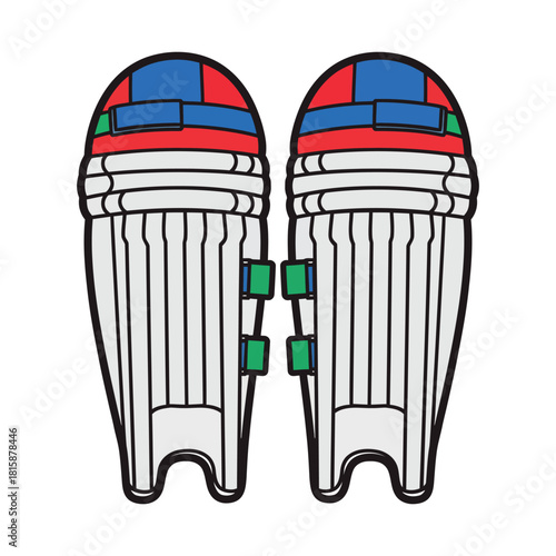 Pair of cricket pads, essential protective gear for batsmen in the sport, featuring white, red, blue, and green colors