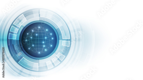 Clean Global Technology Background: Central Wireframe Earth and Blue HUD with White Copy Space