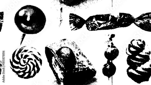 Black silhouette of various candies in a set, including a lollipop and caramel. Vintage hand-drawn vector illustration with an antique style.
