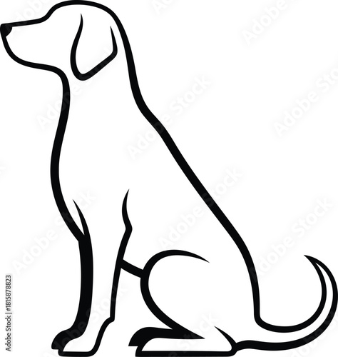 Simple black and white outline illustration of a sitting dog, depicting a loyal and friendly canine companion, isolated on white background
