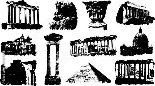 Engravings of classic architecture structures in vintage style. Black and white vector illustration showing historical monuments in a detailed set.