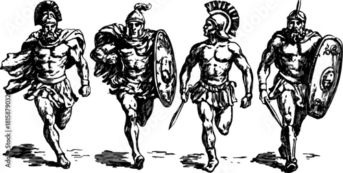 Illustration of ancient warriors in dynamic poses. Set of muscular soldiers running with swords and shields, showcasing a vintage vector style.