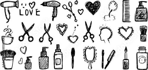 Illustration of hairdryer, scissors, and comb in a set. Black and white hand-drawn vector elements for grooming and beauty themes.
