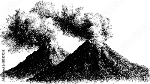 Engraving of volcanoes depicted in a vintage style. This hand-drawn vector illustration captures a classic landscape with textured detail.