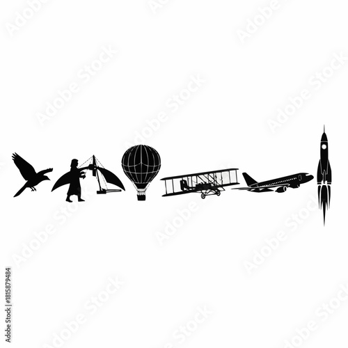 Silhouettes depicting the evolution of flight, from birds to modern rockets.