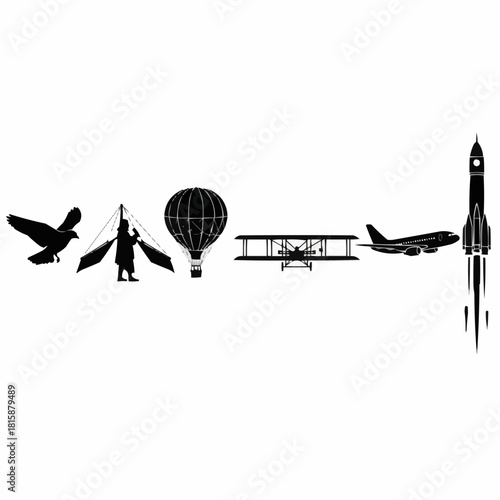 Illustration showing the evolution of flight from bird to human-powered wings, hot air balloon, biplane, airplane, and rocket.
