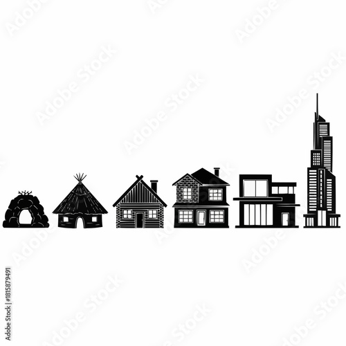 Evolution of housing styles from cave to modern skyscraper, illustrated in black and white.