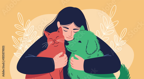 Illustration of a smiling young woman with her eyes closed affectionately hugging her adorable red cat and green dog friends.
