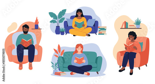 A diverse group of men and women are sitting comfortably in armchairs and on sofas enjoying their favorite books at home.