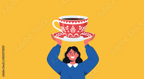 Cheerful woman with a bright smile wearing a blue sweater holds a large red patterned teacup and saucer above her head.