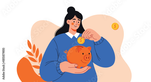 A smiling young woman is carefully putting a gold coin into a piggy bank to save money for her future goals.