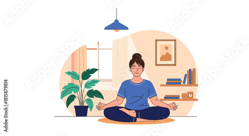 A calm young woman is meditating in the lotus position on a mat in her peaceful and cozy living room at home.
