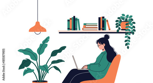A young woman with glasses is sitting in a comfortable chair and working or studying on her laptop at home.