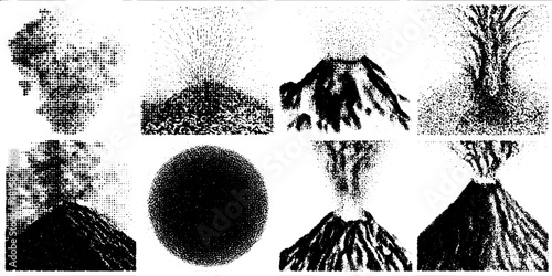 Silhouette of a volcanic eruption showing smoke and ash in a line drawing style. Vector illustration with vintage texture and outline effects.