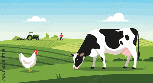 Idyllic rural landscape showing a farmer working in the background while a cow and chicken graze peacefully in the foreground.