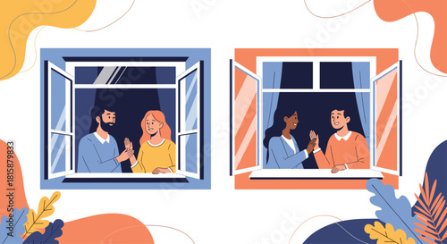 Two diverse couples communicating and interacting with each other from the open windows of their respective colorful apartments.