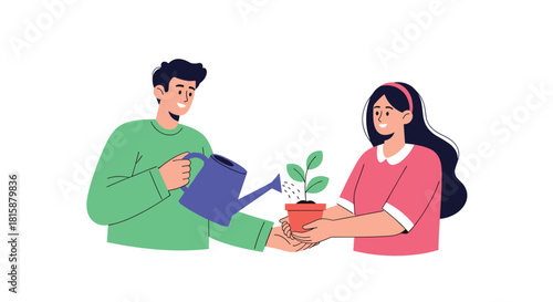 Happy couple working together to nurture a small green plant in a pot with the man watering it and the woman holding it.