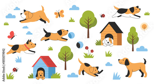 A cute and playful pattern of beagle puppies running playing with balls and resting in their doghouses in a green park.