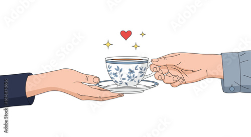 One person's hand offers a beautiful ornate cup of hot tea or coffee to another person's hands against a white background.