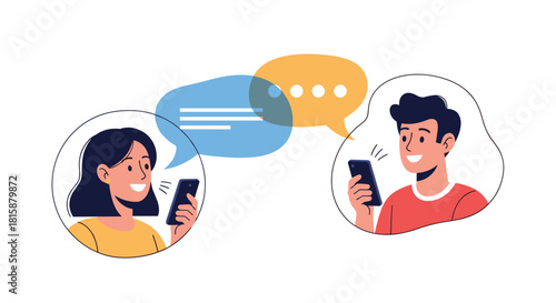 A young man and woman are happily sending voice messages and texting each other on their smartphones in a dating app chat.